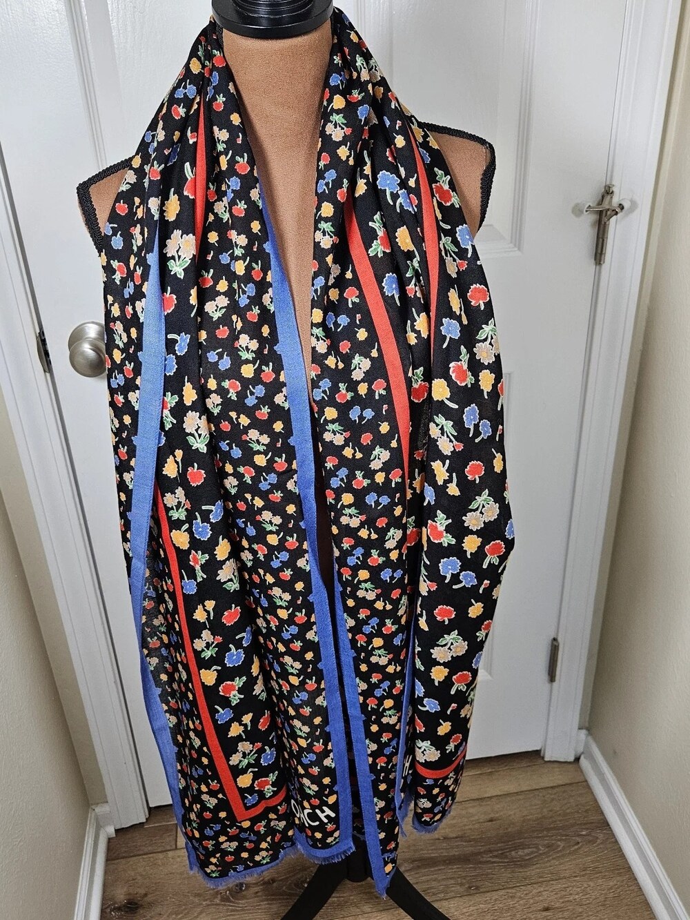 Coach Floral Print Wrap Scarf Black Blue Red Yellow Large 76x26 Women's
